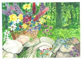 Flowers Gathered ~ This is a scan of a card I painted for a friend.

The rock wall is a special inclusion; growing up in New England they were everywhere.

Sometimes they still surrounded large fields.
I imagined the work of digging them out of each field and then building a wall with them. 

the settlers of our awesome country really worked hard.

  -Alan
